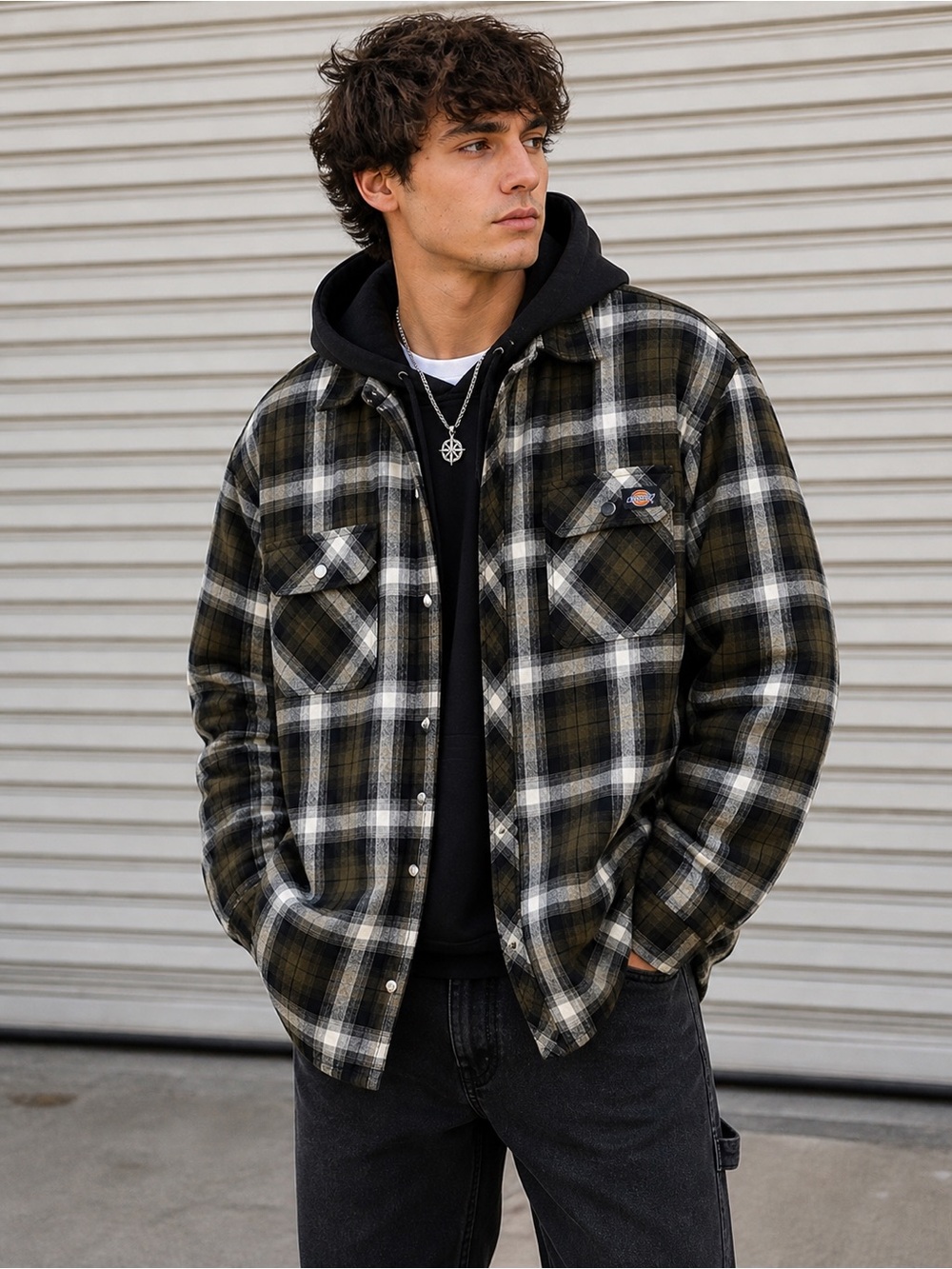 Dickies Hooded Flannel Jacket | Men’s Large Plaid Shacket Workwear Streetwear